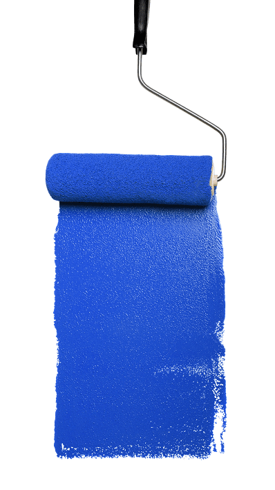 Blue paint roller against black background.